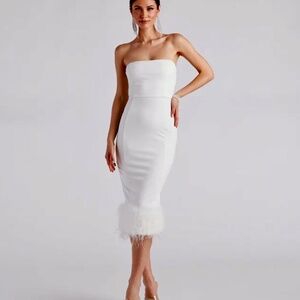 NWT Windsor white strapless midi body con feather trim dress size L